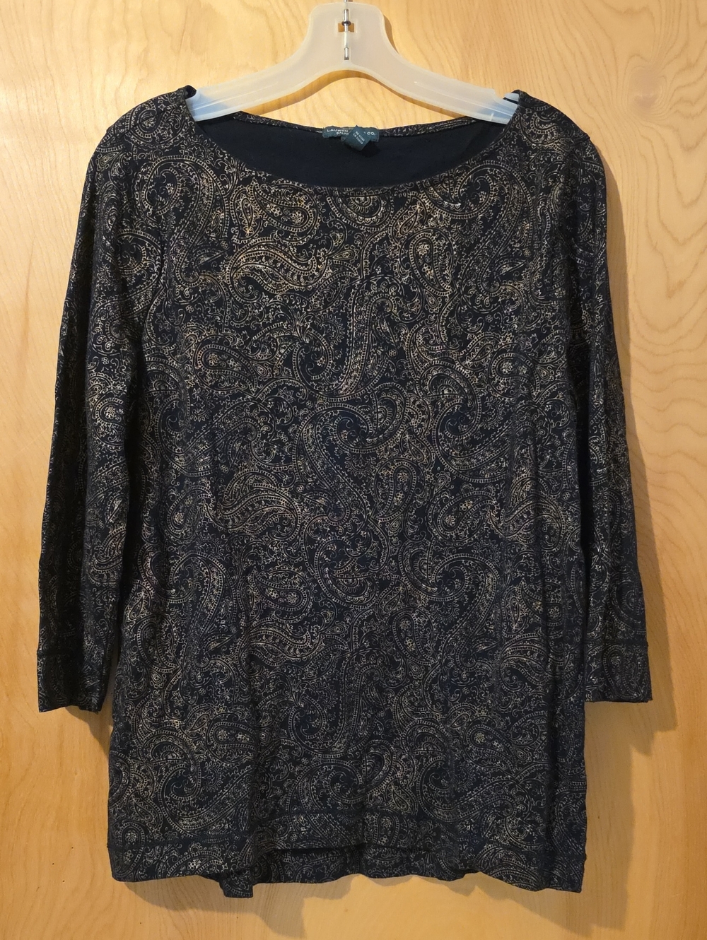 Lauren Jeans Co. Ralph Lauren Paisley Print 3/4 Sleeve Women's Top Black&Gold Lg